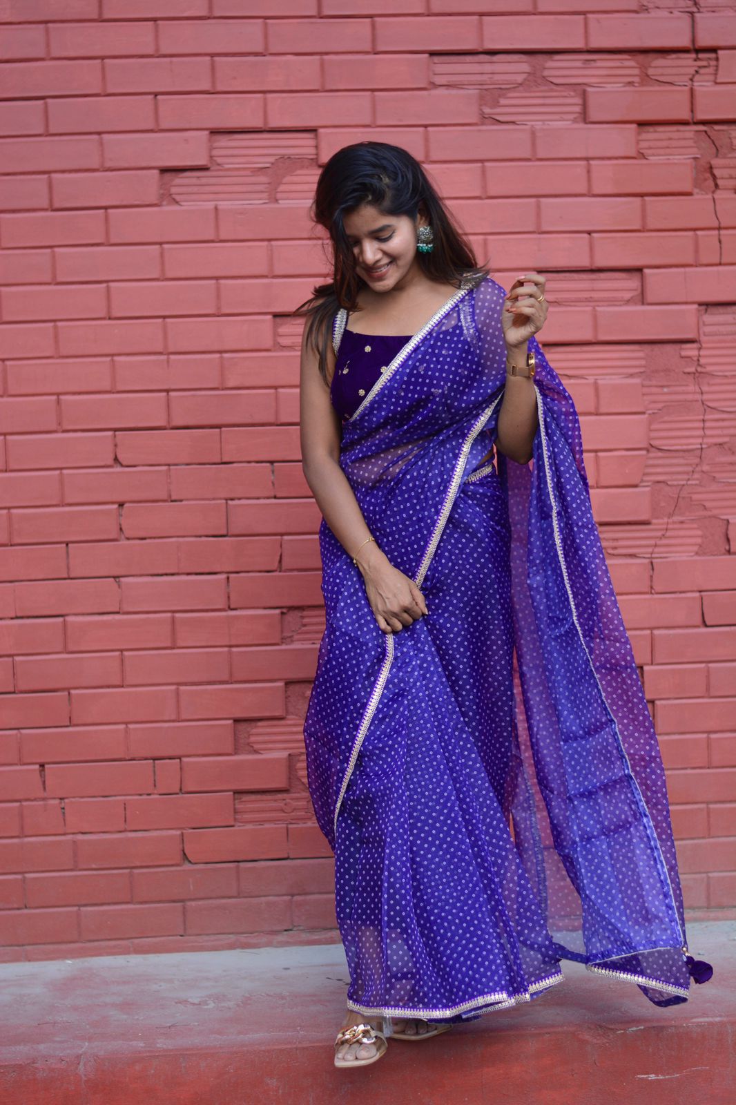 purple organza saree with purple velvet embroidered blouse