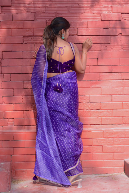 purple organza saree with purple velvet embroidered blouse