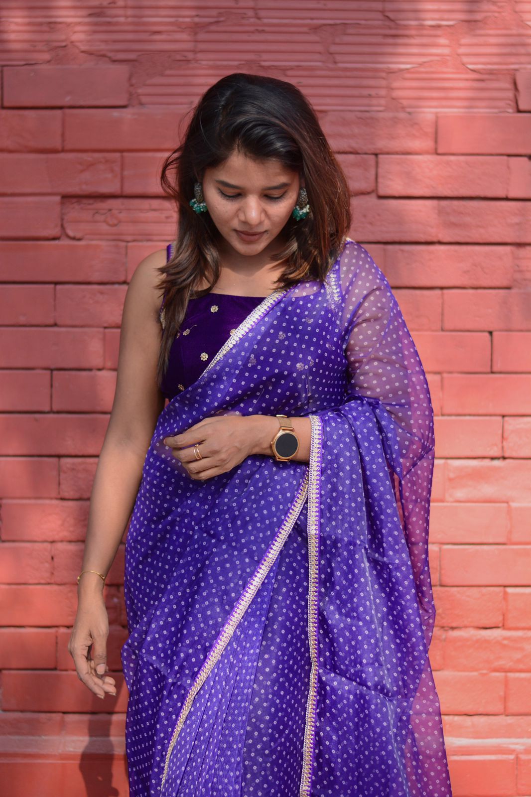 purple organza saree with purple velvet embroidered blouse