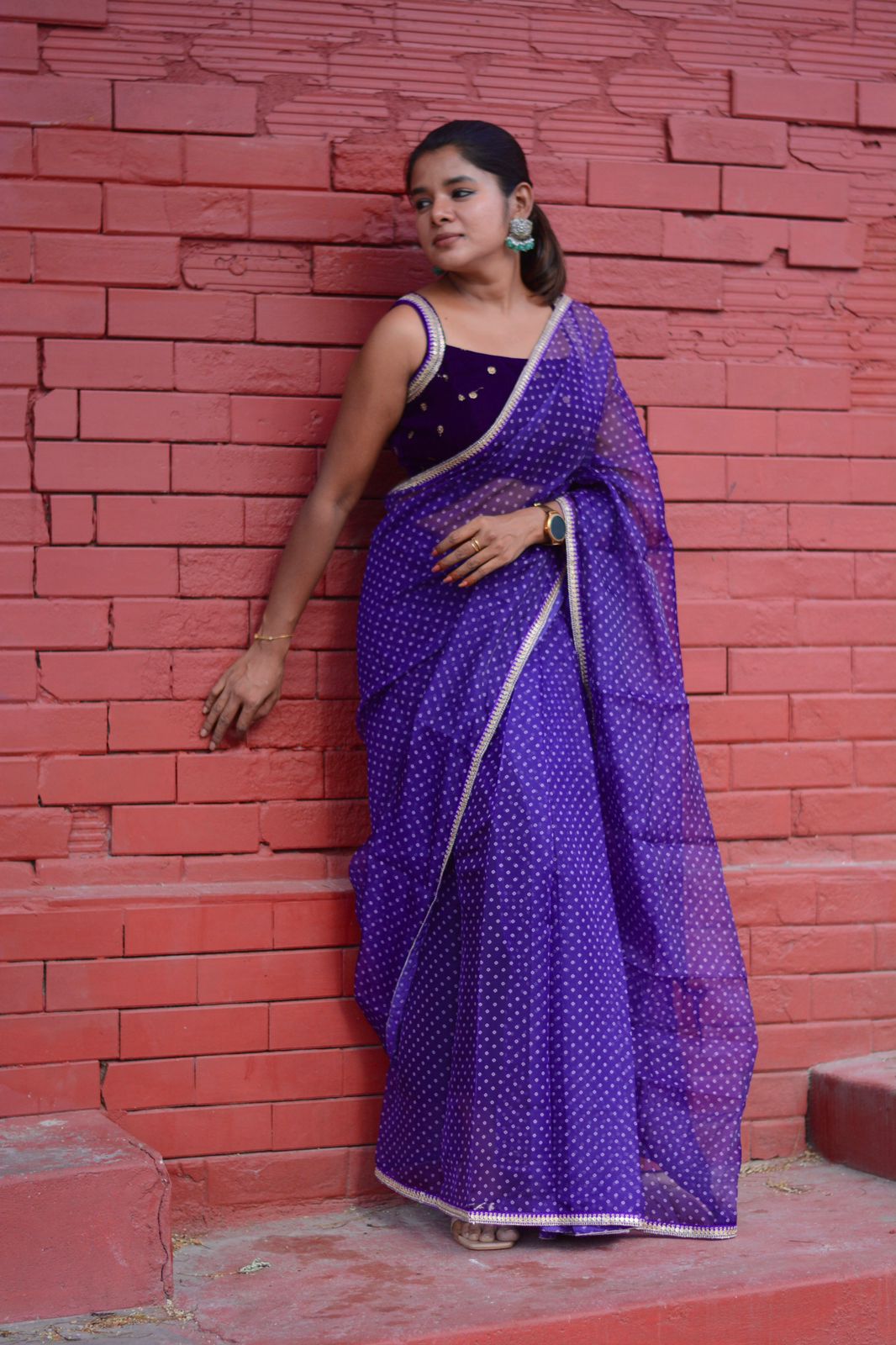 purple organza saree with purple velvet embroidered blouse