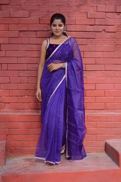 purple organza saree with purple velvet embroidered blouse