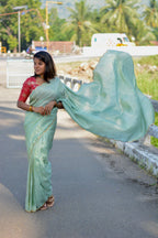 Sea blue tissue saree with red banarasi hand worked blouse