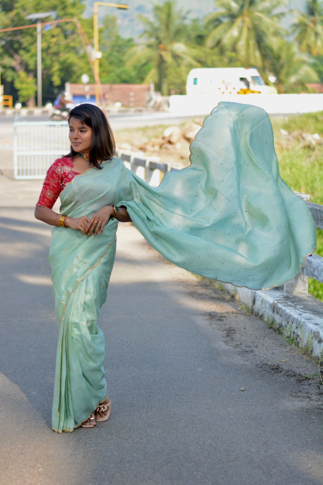 Sea blue tissue saree with red banarasi hand worked blouse