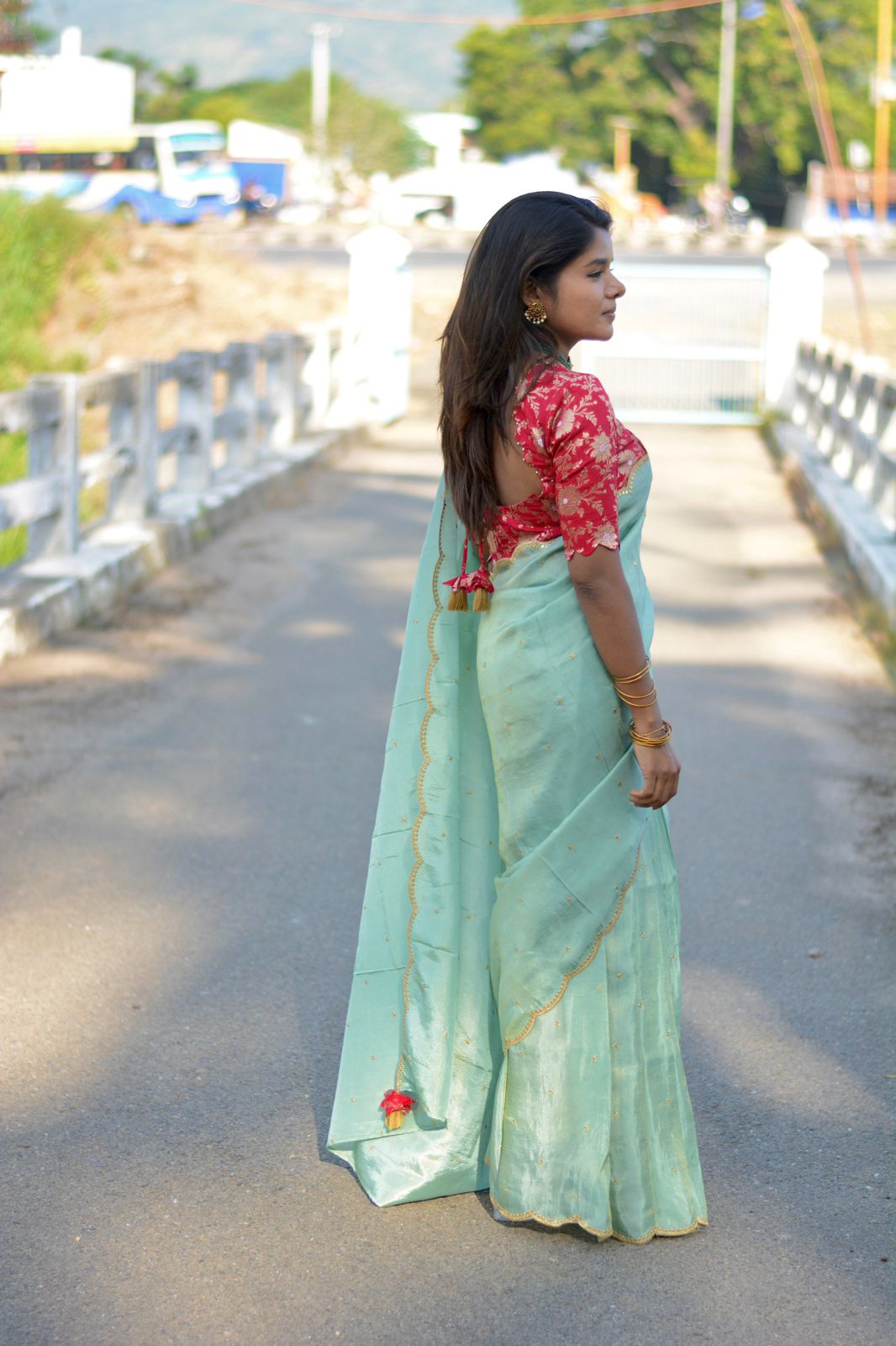 Sea blue tissue saree with red banarasi hand worked blouse