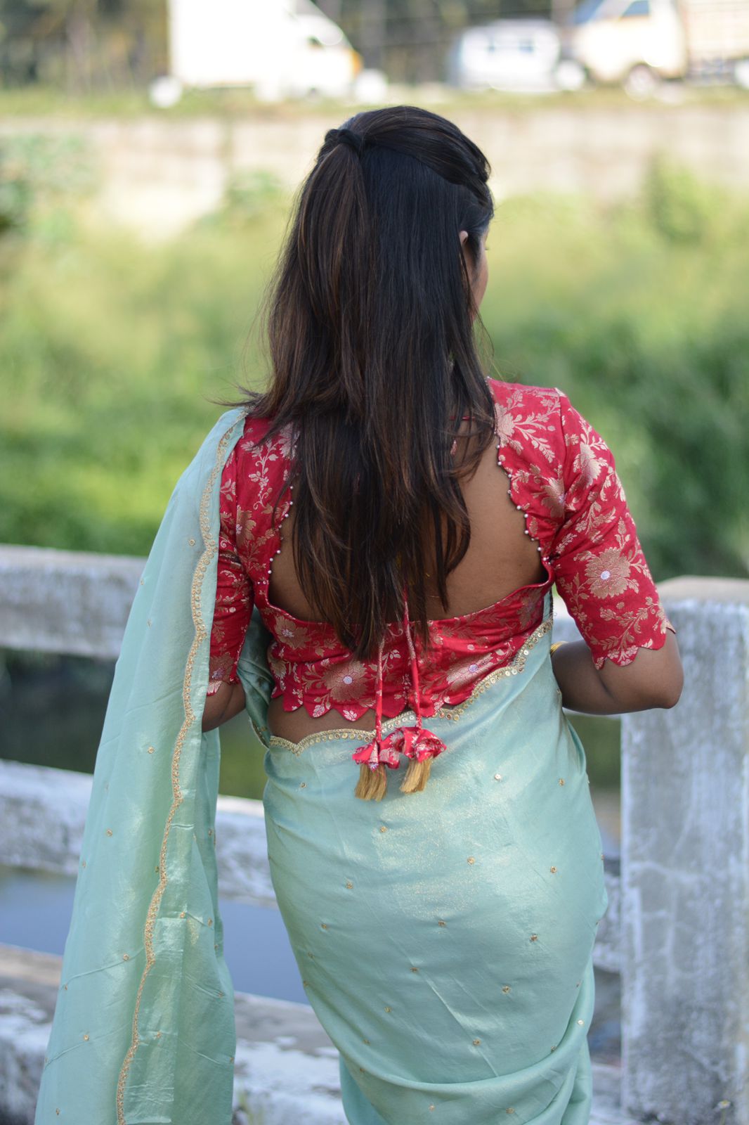 Sea blue tissue saree with red banarasi hand worked blouse