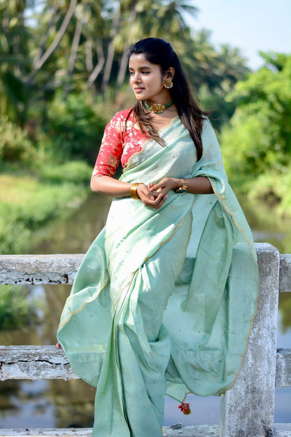 Sea blue tissue saree with red banarasi hand worked blouse