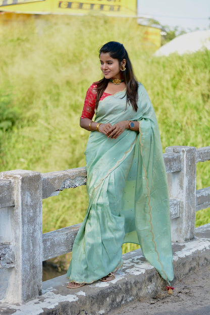 Sea blue tissue saree with red banarasi hand worked blouse