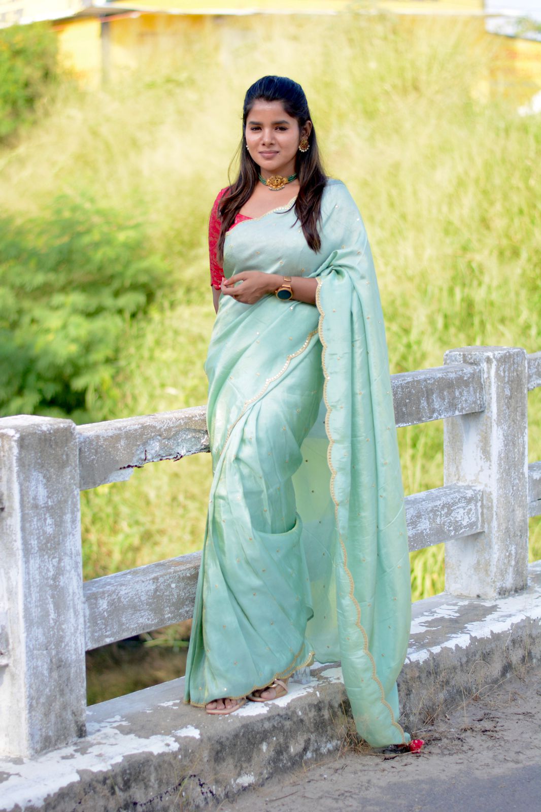 Sea blue tissue saree with red banarasi hand worked blouse