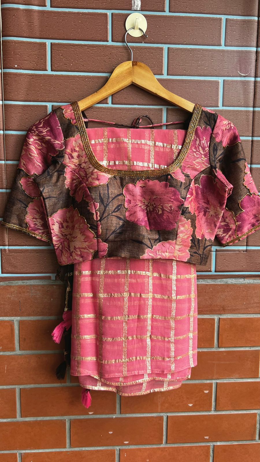 Baby pink chiffon saree with brown pink jute hand worked blouse