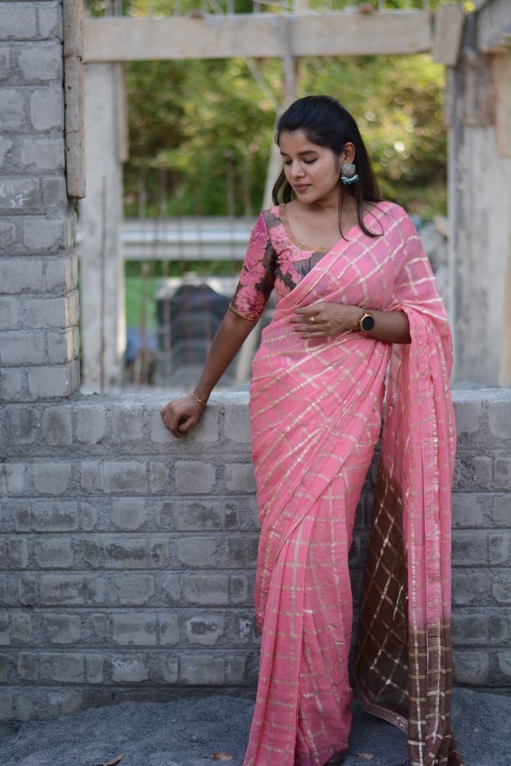 Baby pink chiffon saree with brown pink jute hand worked blouse