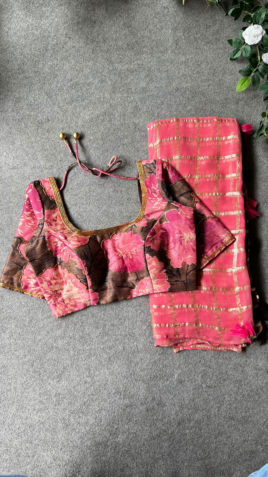 Baby pink chiffon saree with brown pink jute hand worked blouse