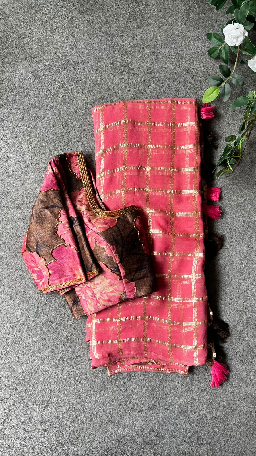 Baby pink chiffon saree with brown pink jute hand worked blouse