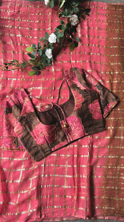 Baby pink chiffon saree with brown pink jute hand worked blouse