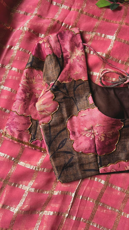 Baby pink chiffon saree with brown pink jute hand worked blouse