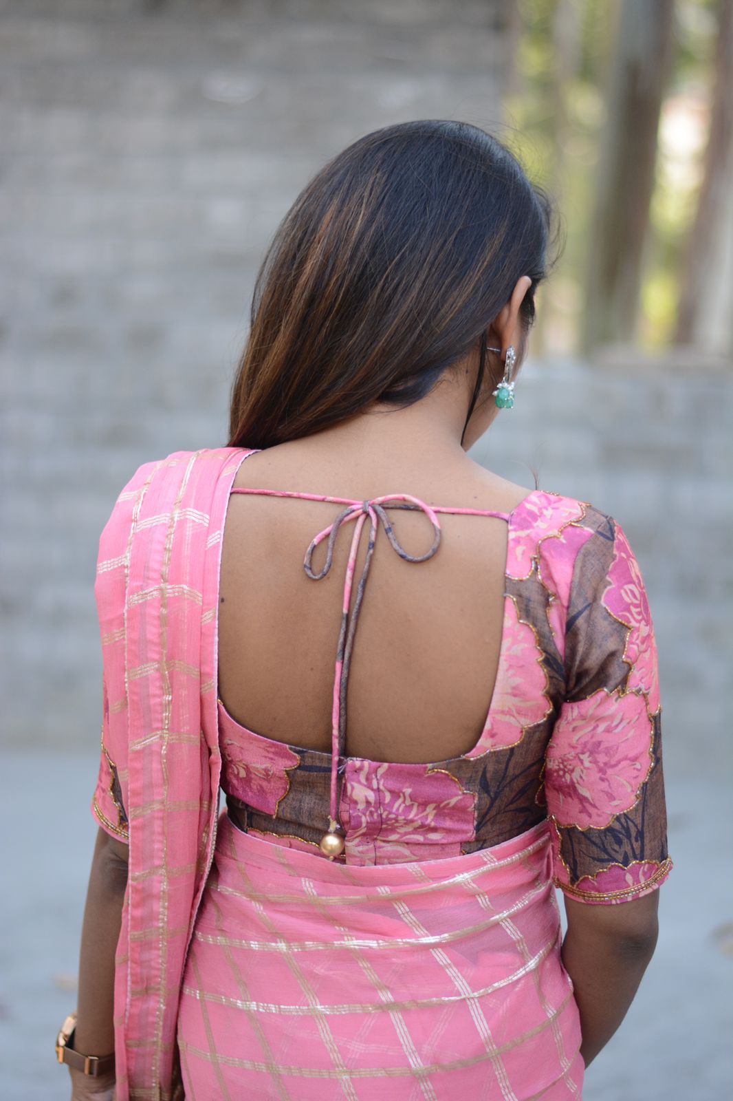 Baby pink chiffon saree with brown pink jute hand worked blouse