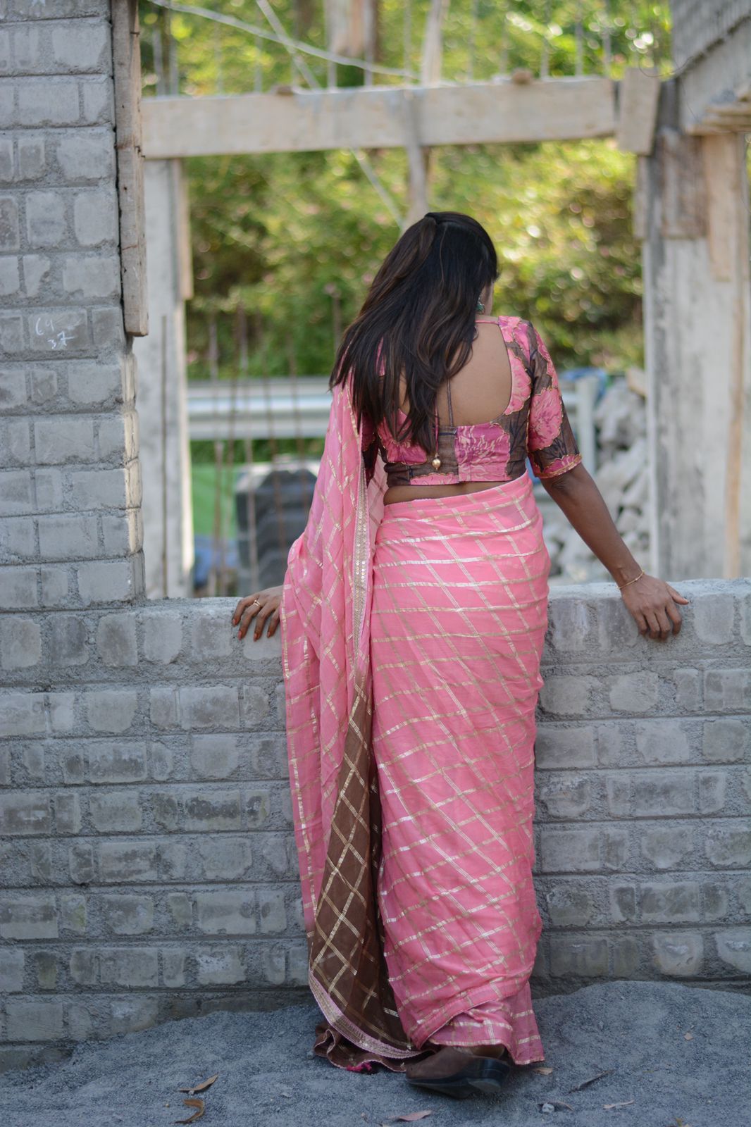 Baby pink chiffon saree with brown pink jute hand worked blouse