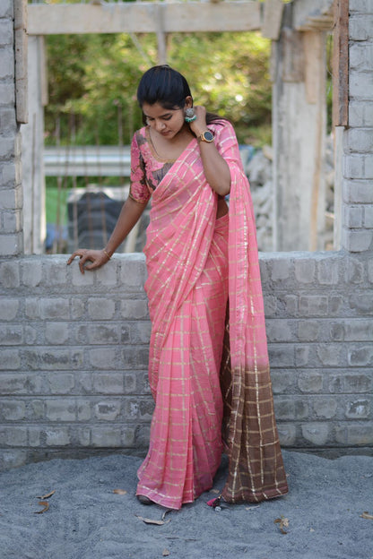 Baby pink chiffon saree with brown pink jute hand worked blouse