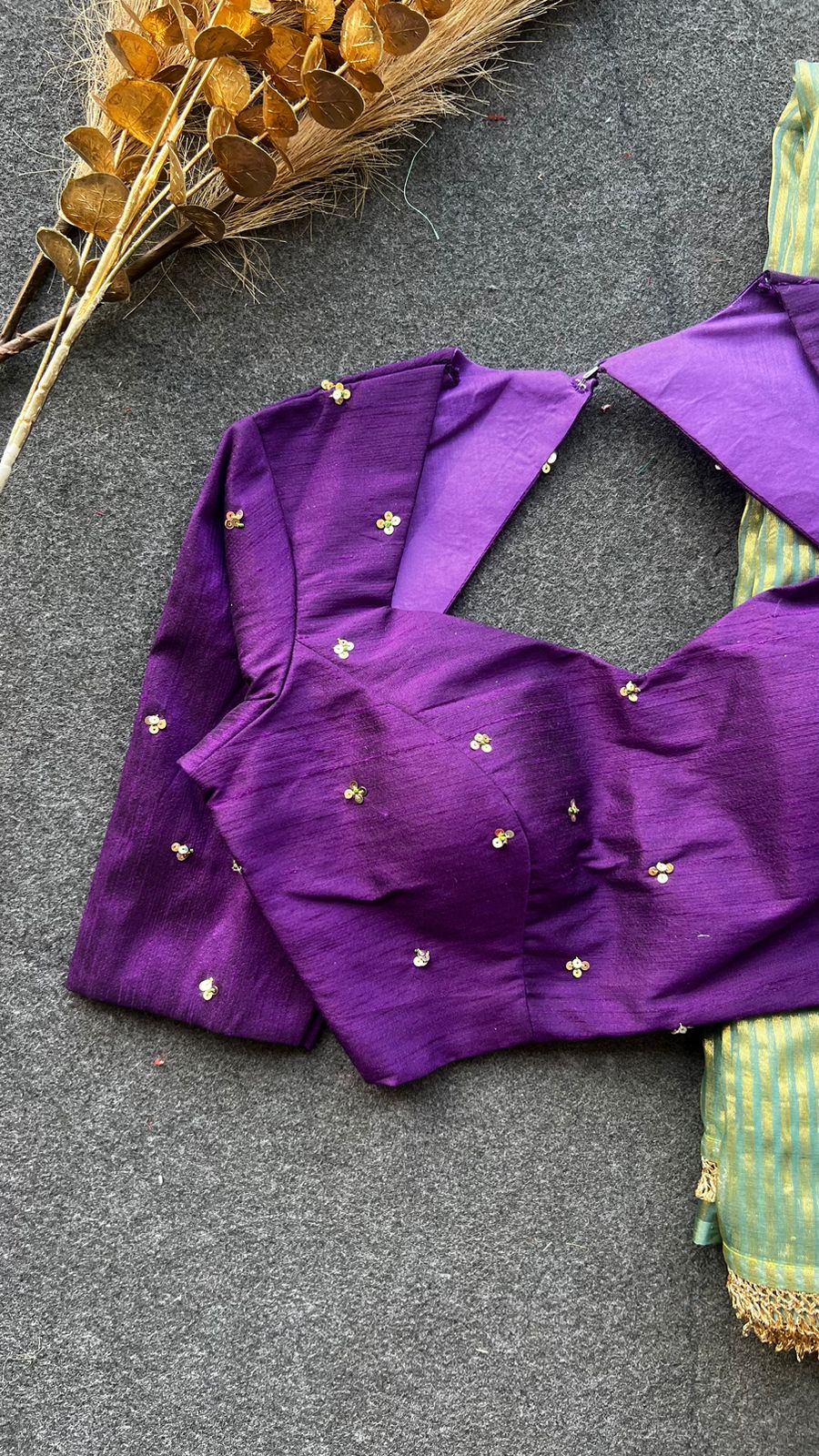 Pista green stripped tissue saree with purple hand worked blouse