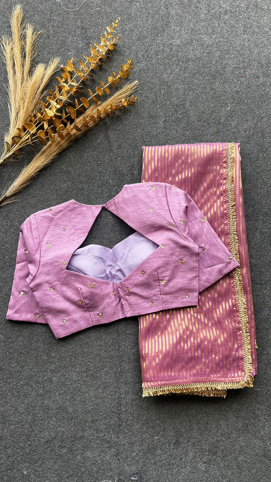 Onion pink stripped tissue saree with hand worked blouse