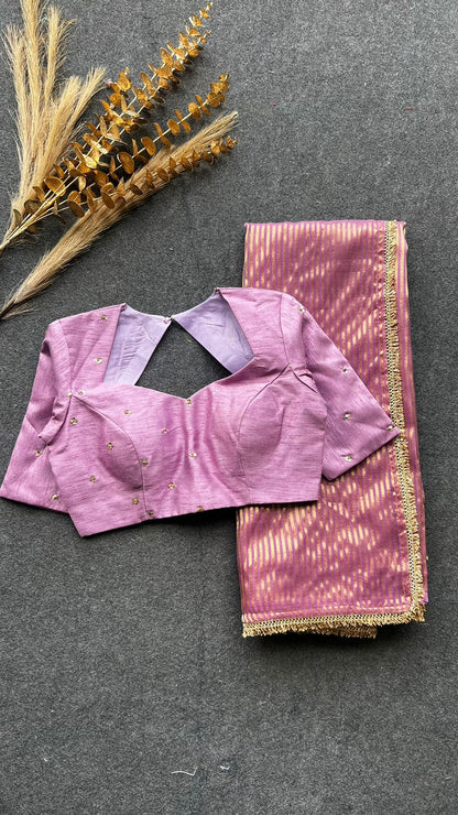 Onion pink stripped tissue saree with hand worked blouse