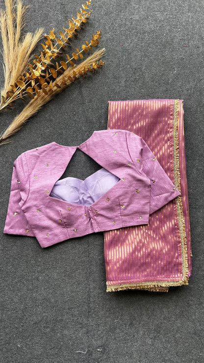 Onion pink stripped tissue saree with hand worked blouse