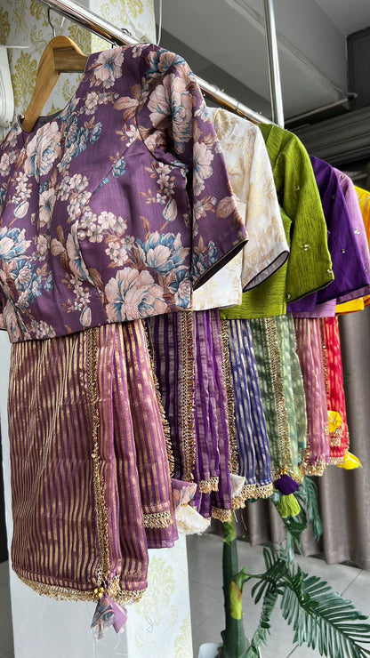 Onion pink stripped tissue saree with hand worked blouse