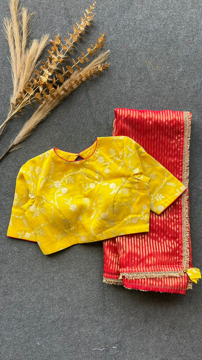 Red stripped tissue saree with yellow silk banarasi blouse