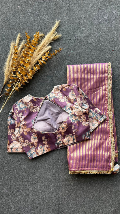 Wine stripped tissue saree with wine silk floral blouse