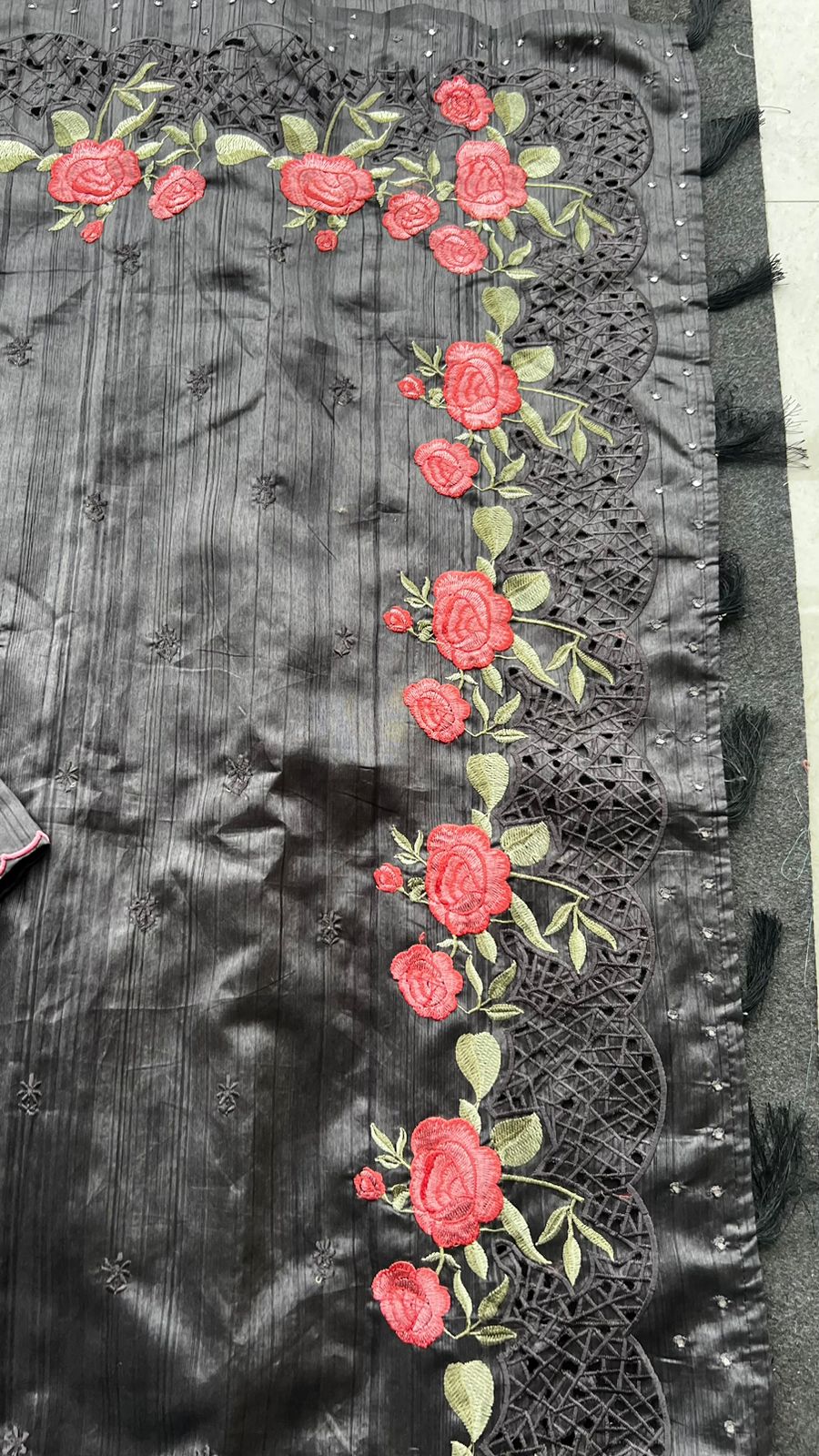 Grey chanderi silk saree with hand worked blouse