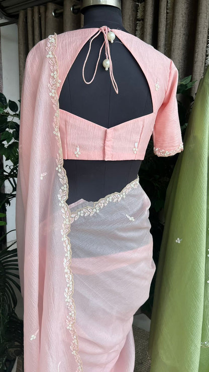 Pink crushed tissue saree with hand worked blouse