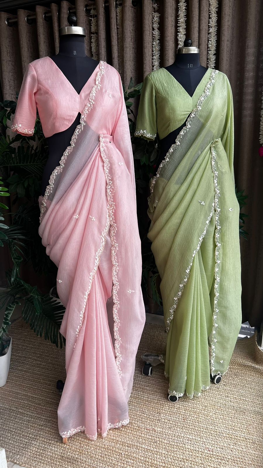 Pink crushed tissue saree with hand worked blouse