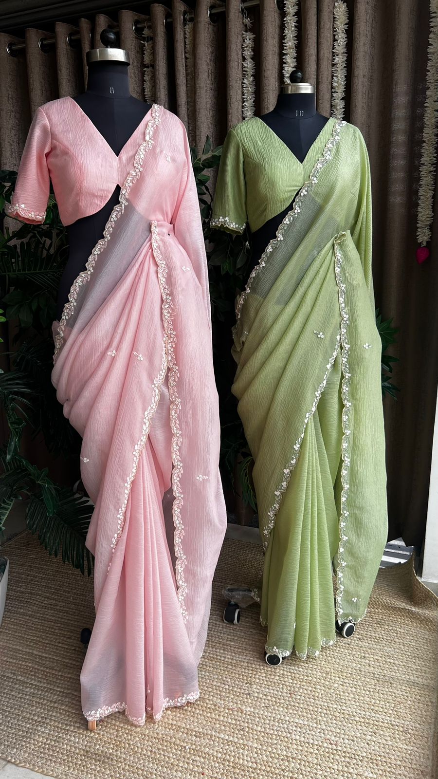 Green crushed tissue saree with hand worked blouse