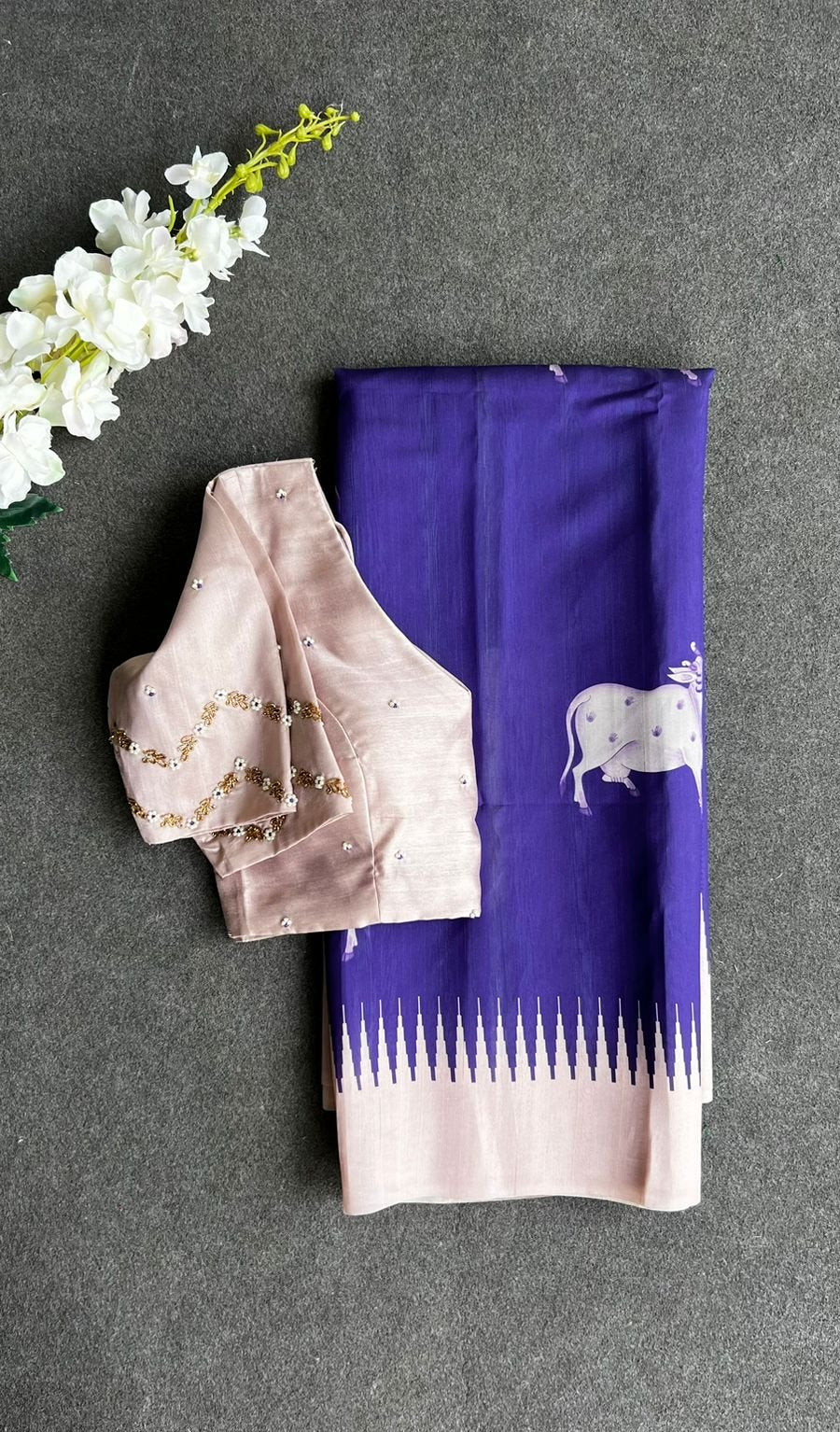 Purple cow tusser saree with  hand worked blouse