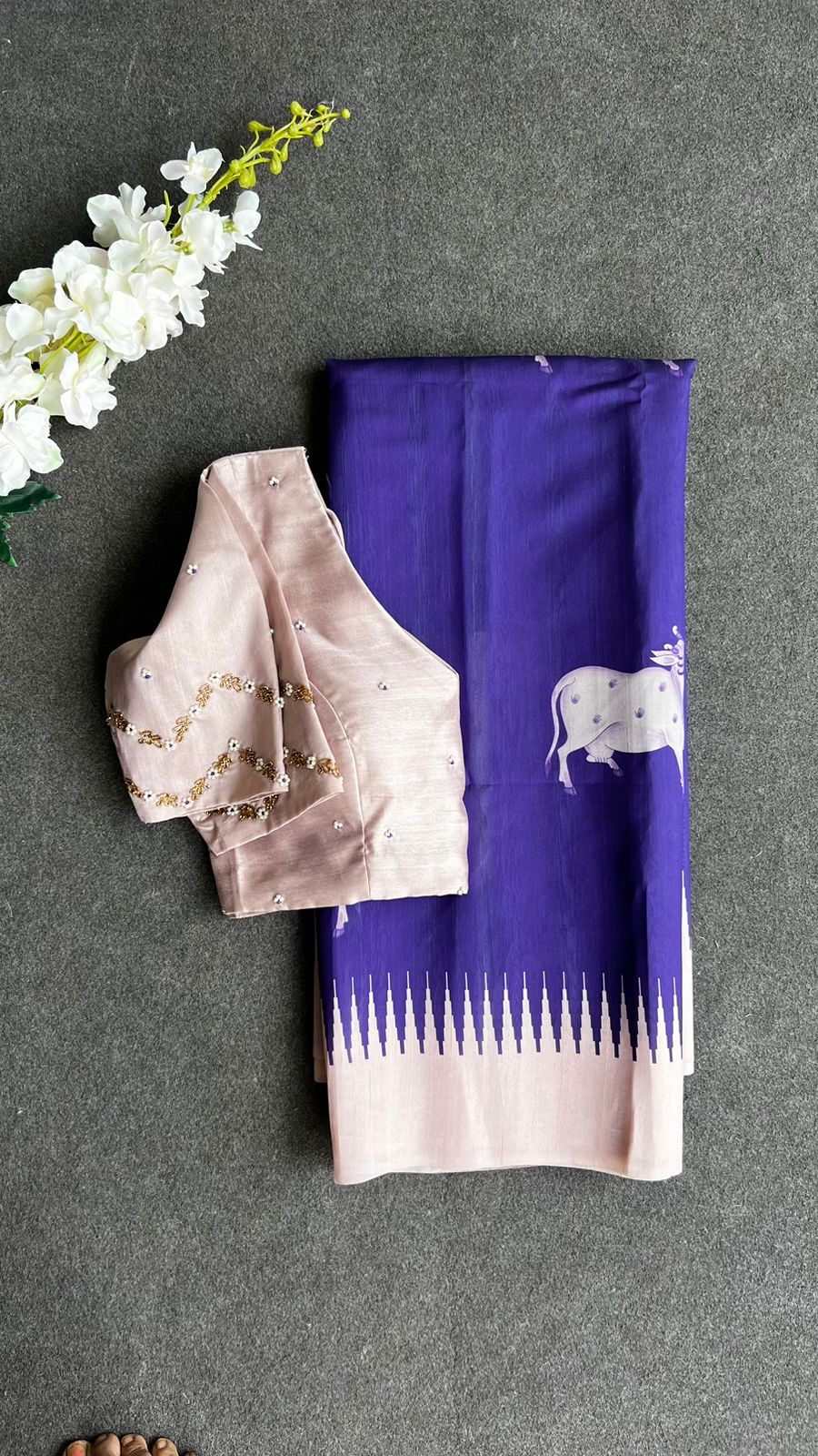 Purple cow tusser saree with  hand worked blouse