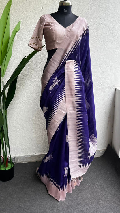 Purple cow tusser saree with  hand worked blouse