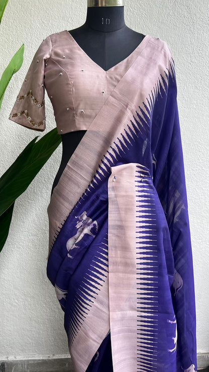 Purple cow tusser saree with  hand worked blouse