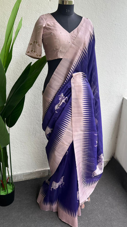 Purple cow tusser saree with  hand worked blouse