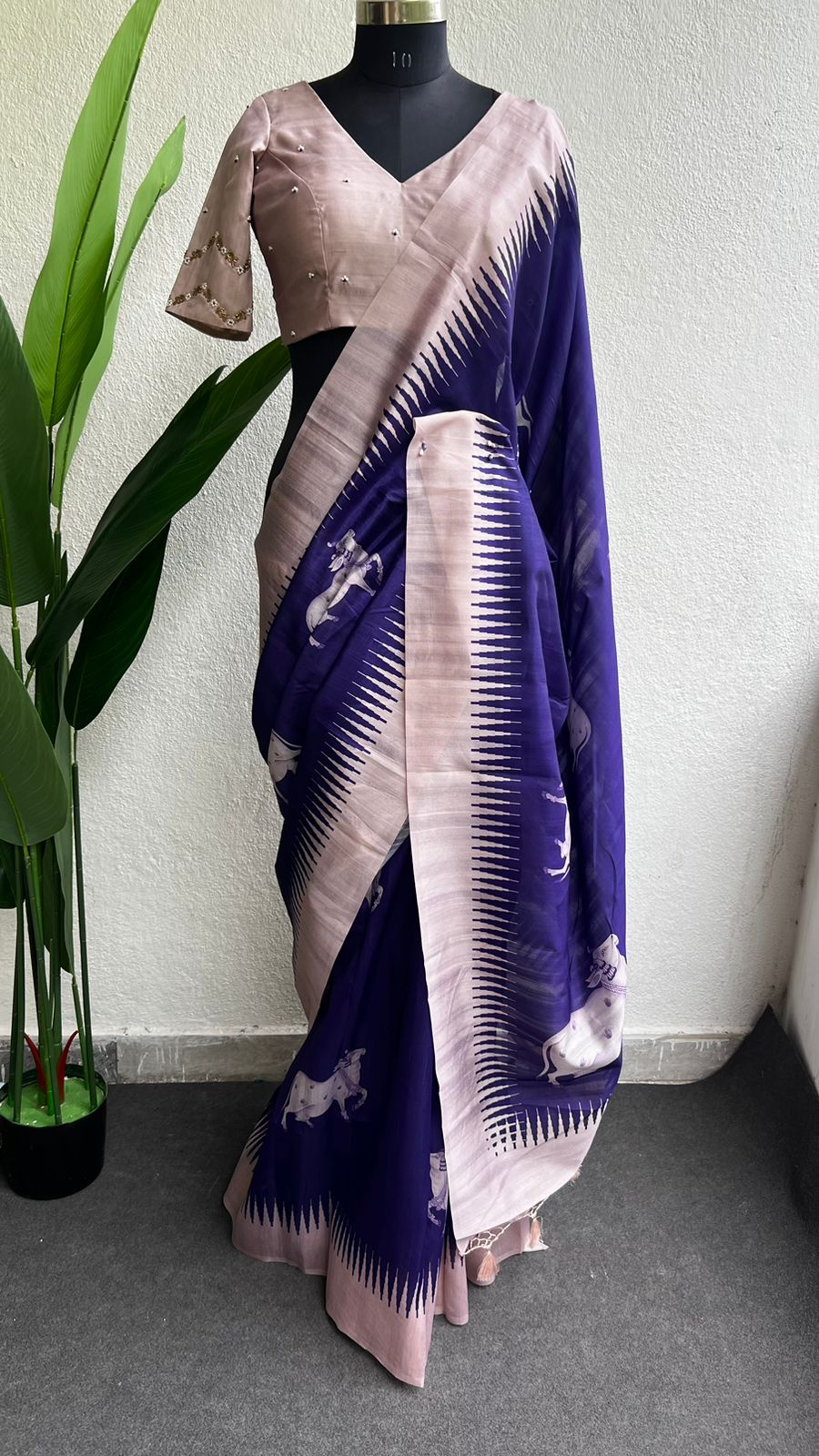 Purple cow tusser saree with  hand worked blouse