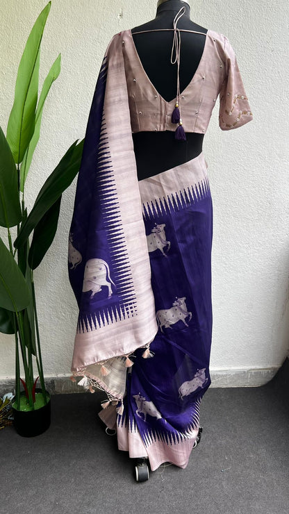 Purple cow tusser saree with  hand worked blouse