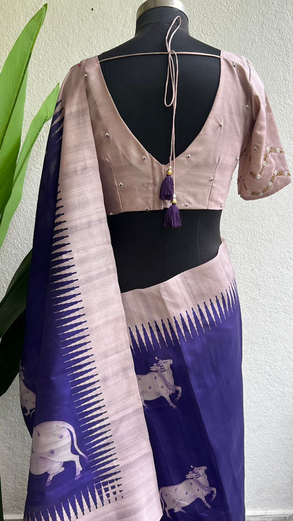 Purple cow tusser saree with  hand worked blouse