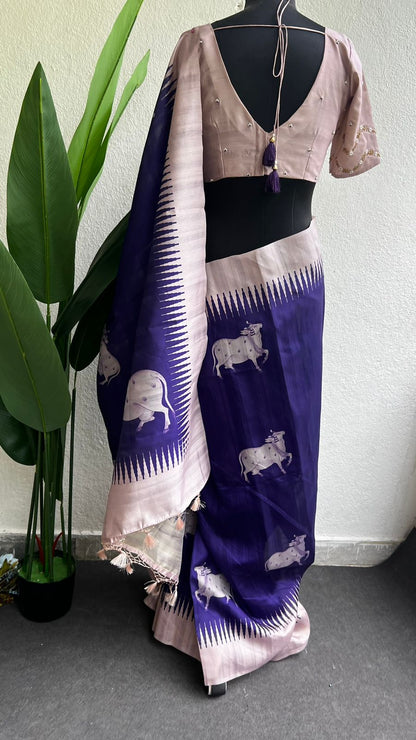 Purple cow tusser saree with  hand worked blouse