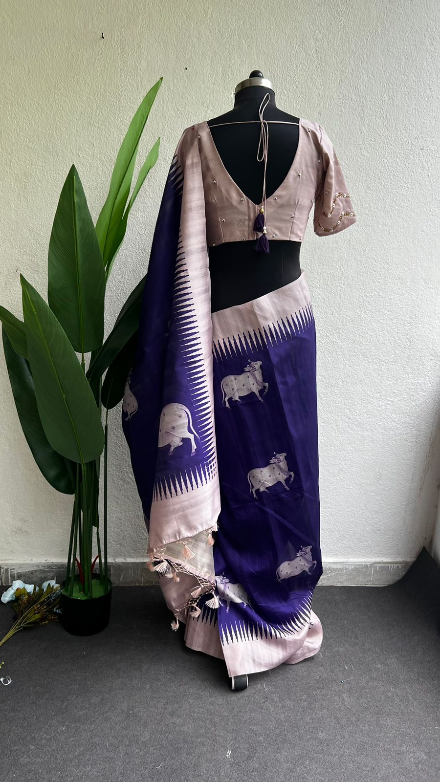 Purple cow tusser saree with  hand worked blouse