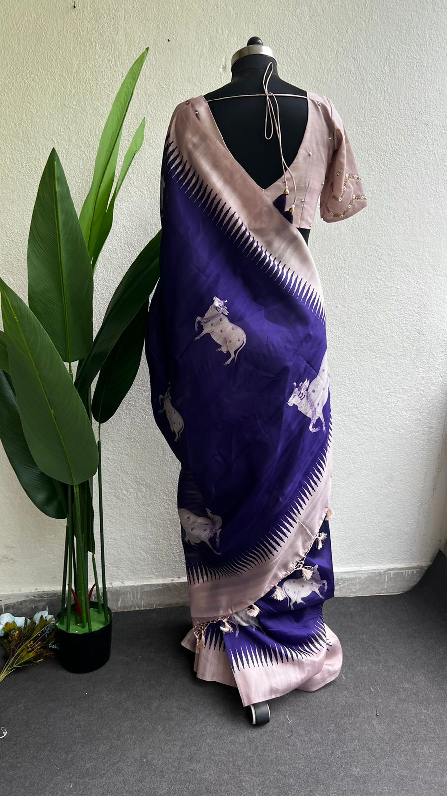 Purple cow tusser saree with  hand worked blouse