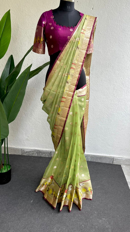 Mint green kota silk saree with purple blouse