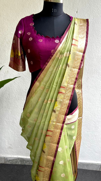 Mint green kota silk saree with purple blouse