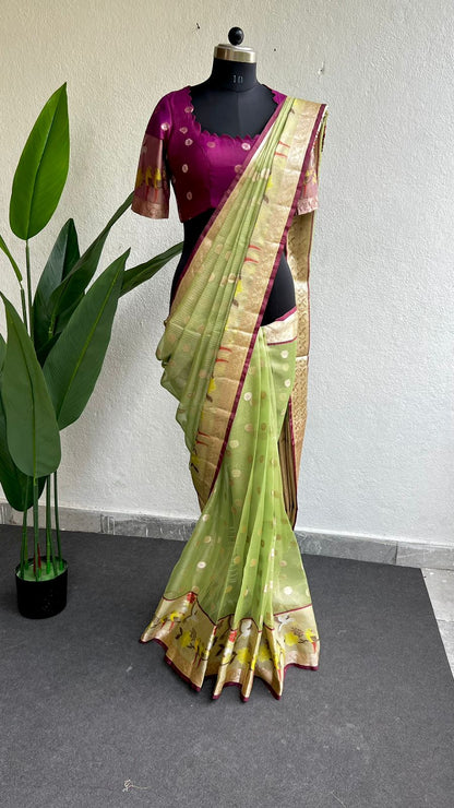 Mint green kota silk saree with purple blouse