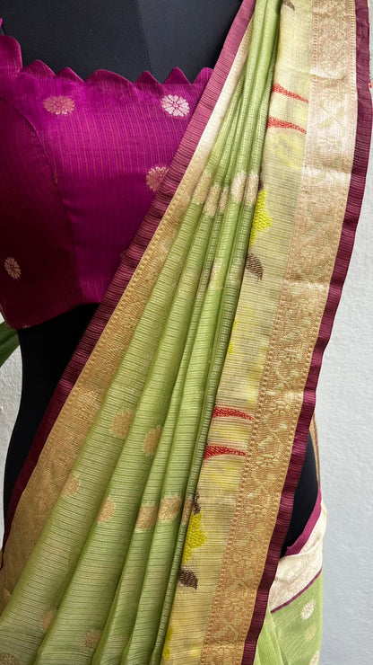 Mint green kota silk saree with purple blouse