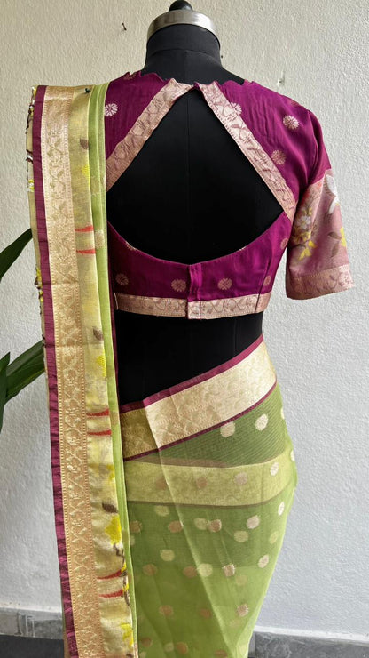 Mint green kota silk saree with purple blouse