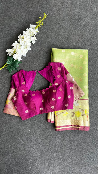 Mint green kota silk saree with purple blouse