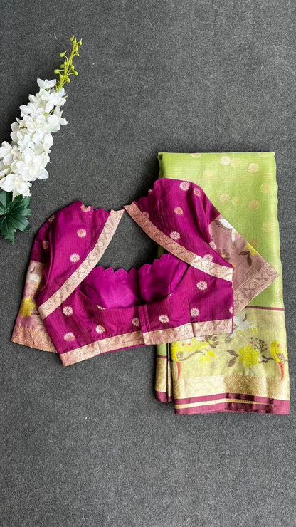 Mint green kota silk saree with purple blouse